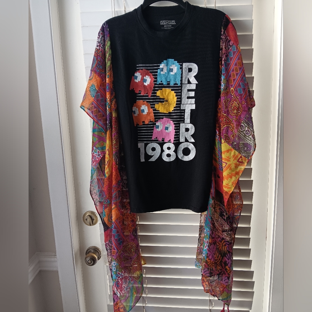 Upcycled Retro 1980 Pac-Man Graphic Tee Poncho